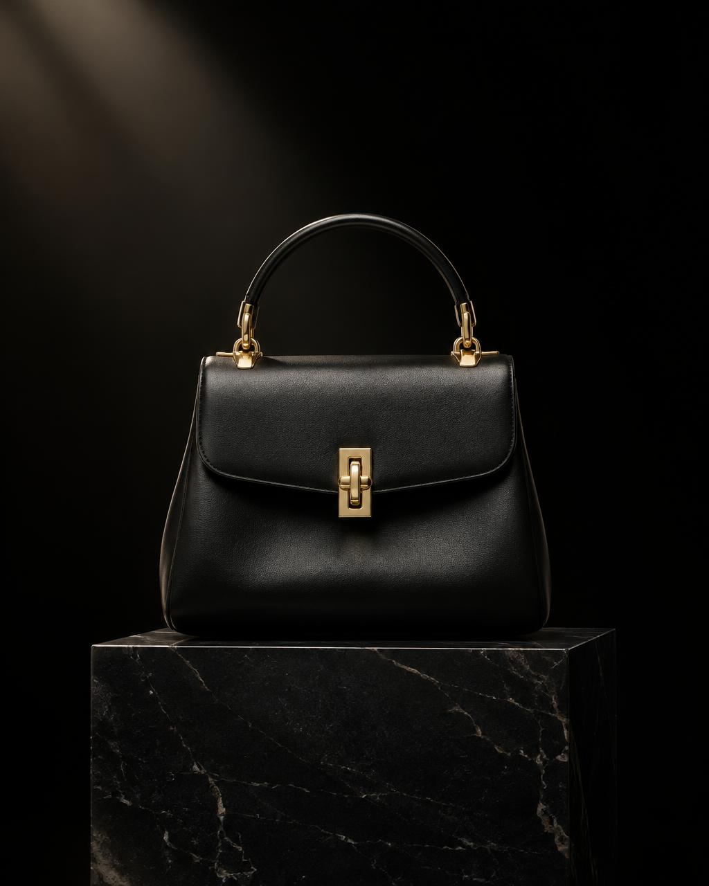 Brie — A sculpted top-handle piece in polished black leather.